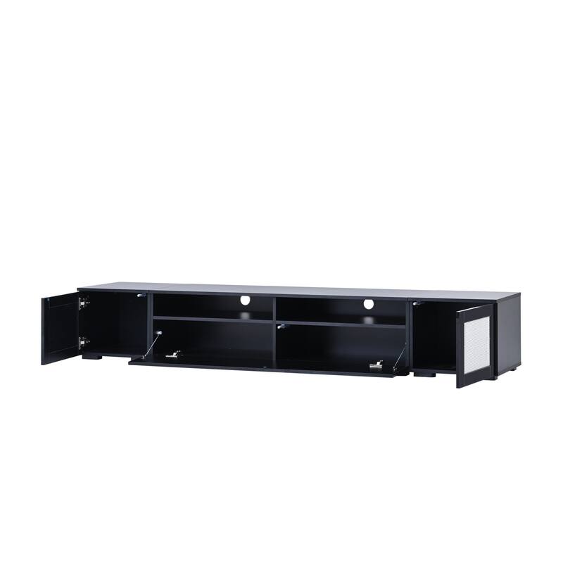 3-Piece Extended TV Stand with Color-Changing LED Lights - Rattan Style, Push-to-Open Doors, 82" Entertainment Center