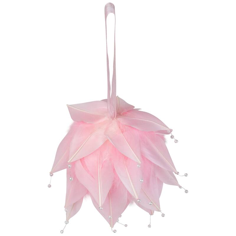 Feathered Ball with Pearls Christmas Ornament - 4.25" - Pink and White