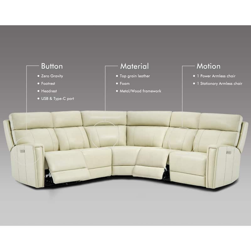 Genuine Leather Power Recliner Sectional Sofa with Ajustable Headrest, Dual Power, USB&USB-C Port