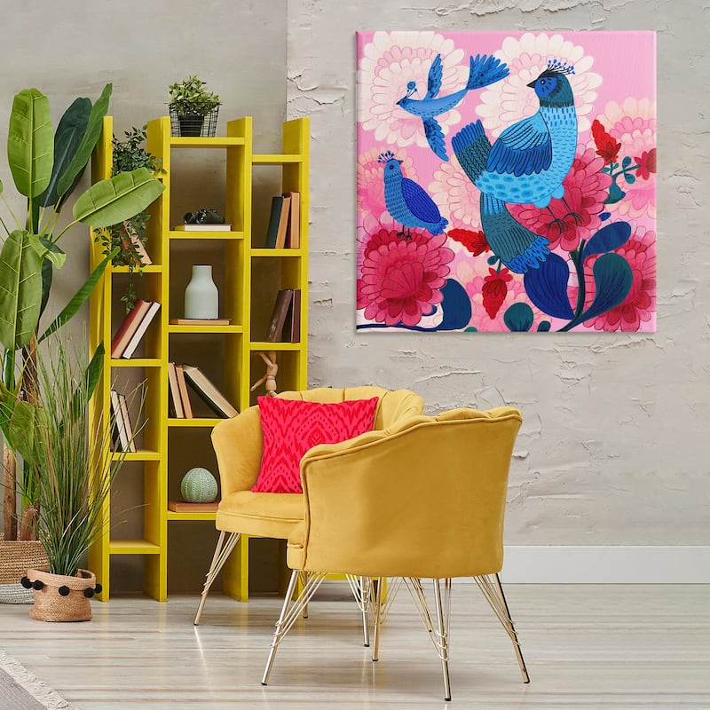 Stupell Folk Birds on Dahlias Canvas Wall Art Design By Kay Widdowson