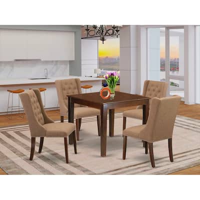 5-Piece Mahogany Finish Solid Wood Top - Square Button Tufted Dining Room Set - Seats 4