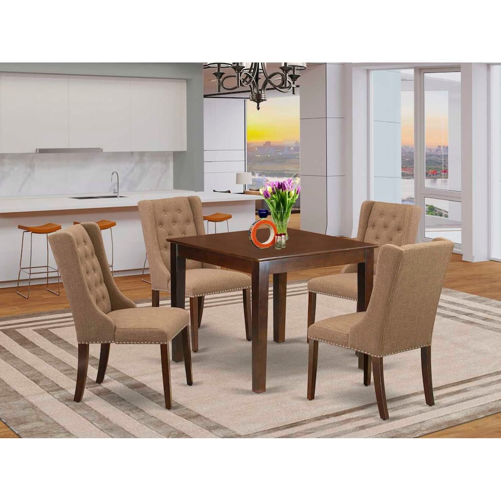 5-Piece Mahogany Finish Solid Wood Top - Square Button Tufted Dining Room Set - Seats 4