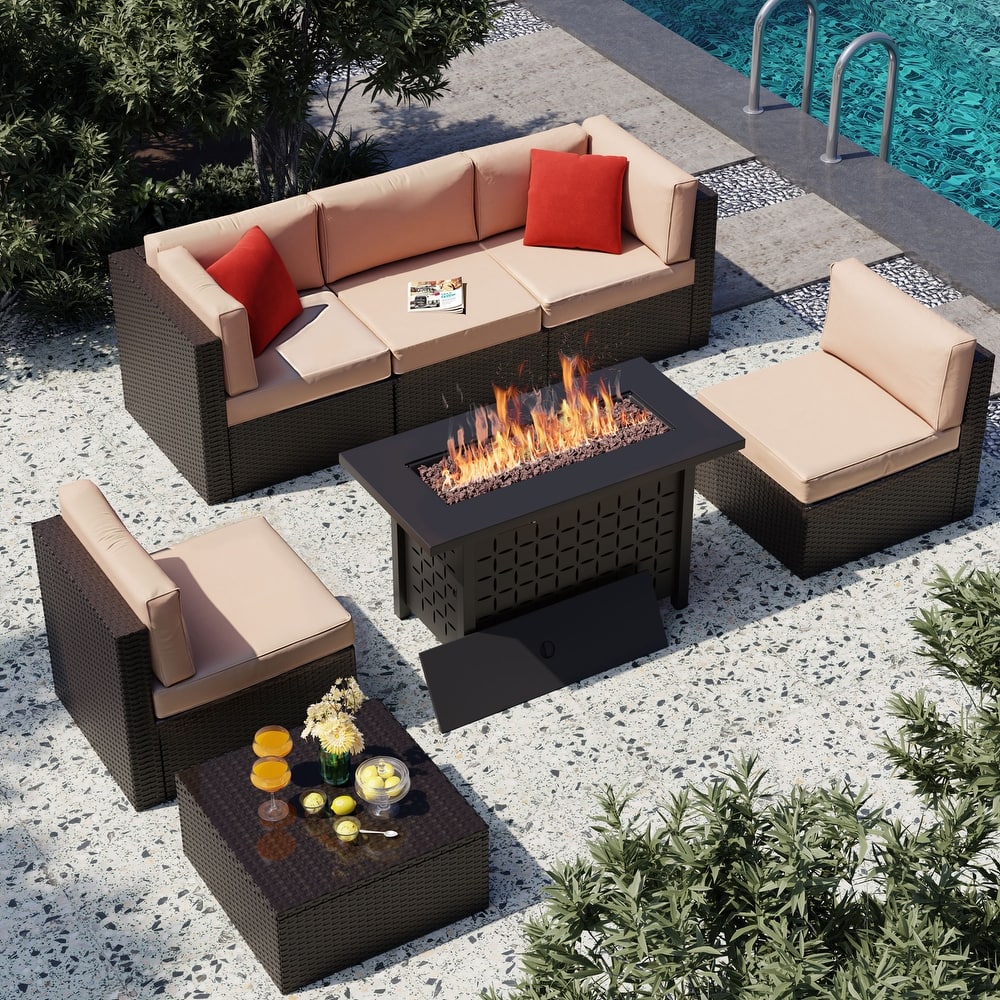 7 Piece Sectional Seating Group with Cushions and Fire Pit