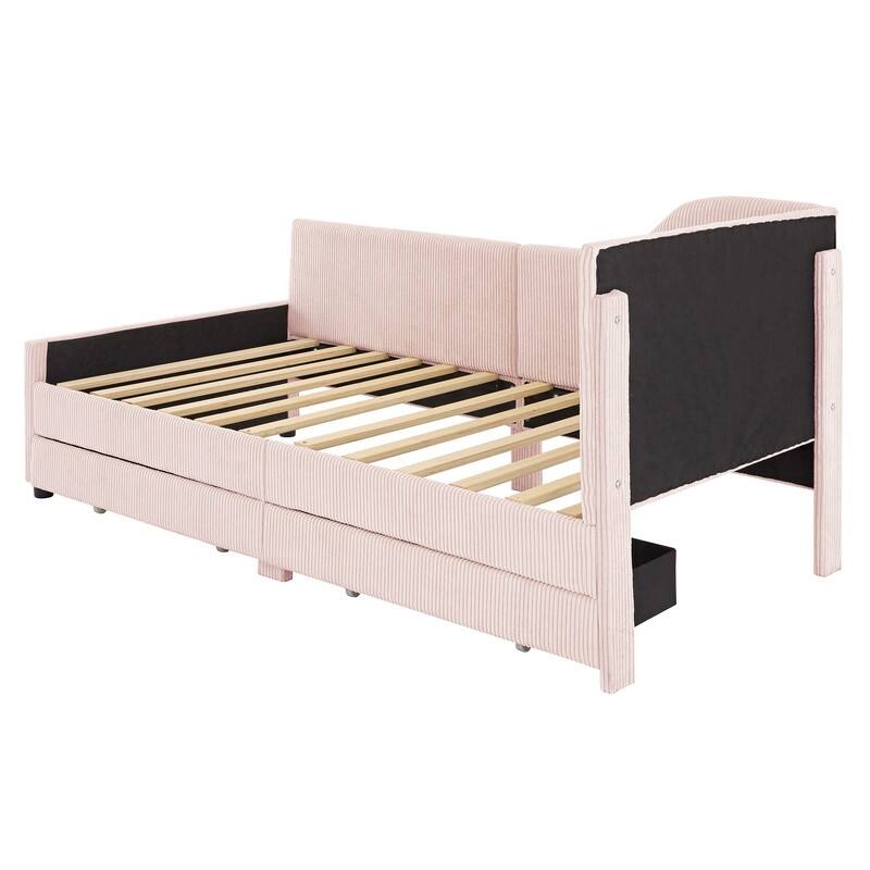Twin Size Upholstered Daybed with L-Shaped Headboard and 2 Storage Drawers, Corduroy Daybed Frame Sofa Bed with Slats Support