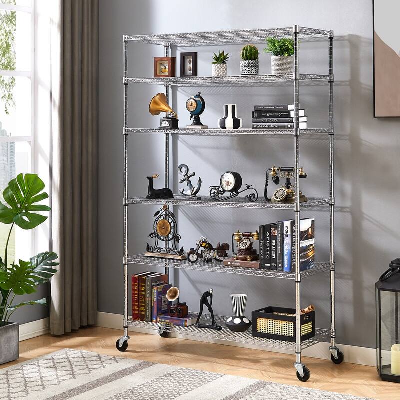 6 Tier Adjustable Storage Shelves Metal Wire Shelving Unit with Wheels - 48.03 "L × 17.72 "W × 71.65 "H