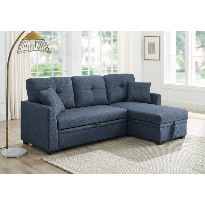 Polyester Upholstered Sleeper Sofa with Chaise and Storage 84 Inch Wide - Blue