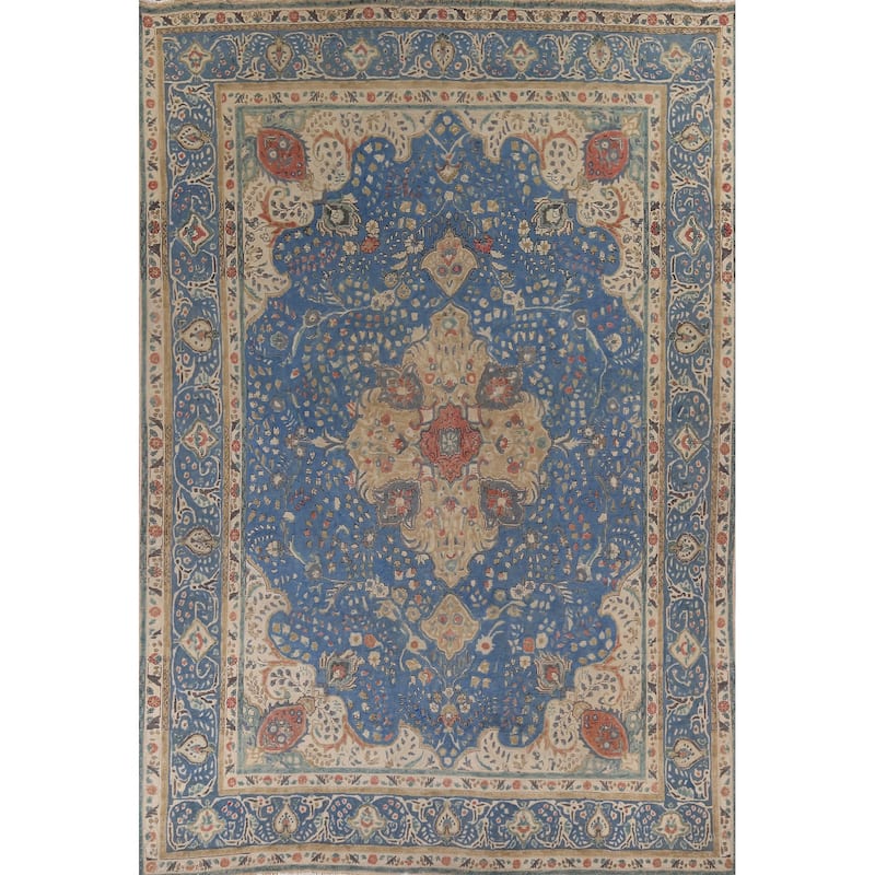 Tabriz Vintage Persian Area Rug Hand-Knotted Blue Wool Carpet - 9'10" x 13'5"