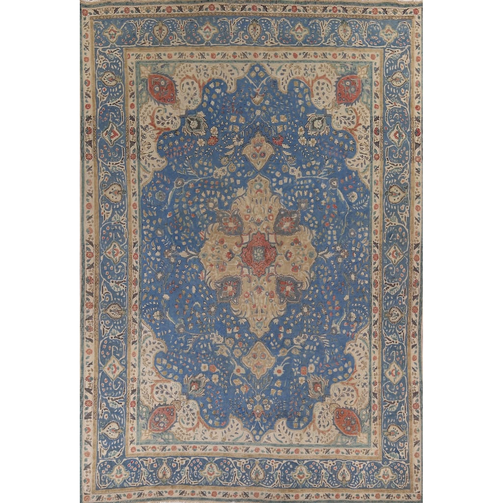 Tabriz Vintage Persian Area Rug Hand-Knotted Blue Wool Carpet - 9'10" x 13'5"