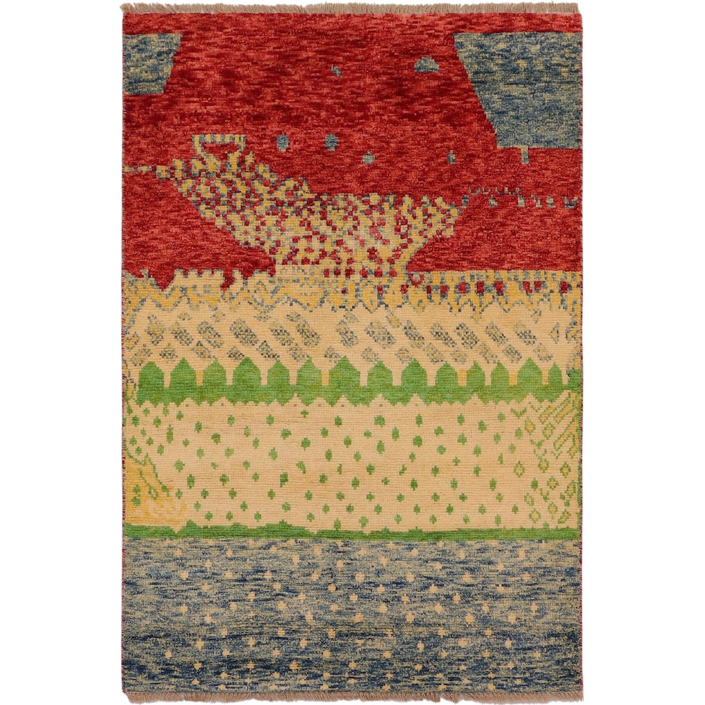 Contemporary Balochi Sawyer Blue/Red Hand Knotted Wool Rug - 3'2'' x 4'11''