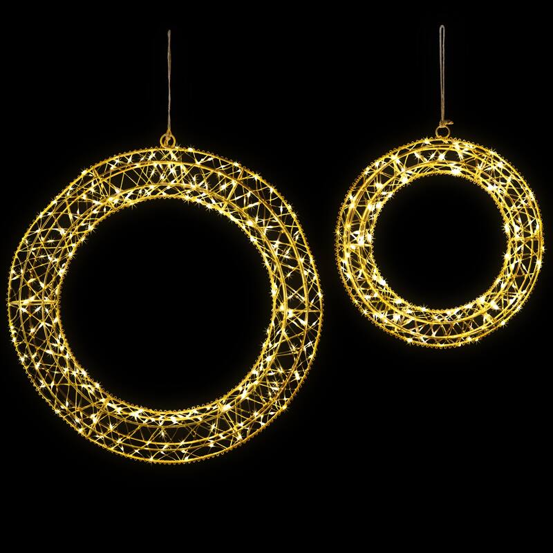 LED Lighted Hanging Christmas Wreath Decorations - 18" - Set of 2 - Solid Gold