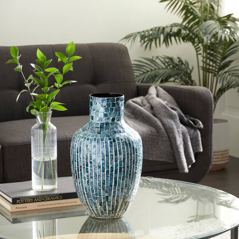 Mother of Pearl Shell Handmade Vase - Blue - Roche River Decor - 9"W x 9"L x 16"H