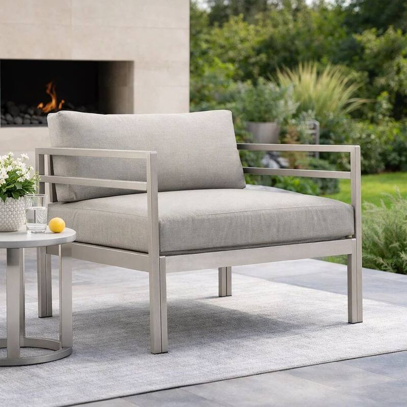 Billy 34 Inch Modern Outdoor Armchair, Gray Aluminum Frame, Fabric Cushions