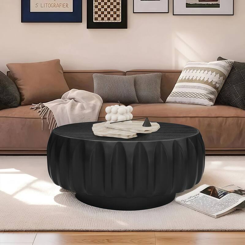 Round Coffee Table, Drum Coffee Table Contemporary Wood Round Coffee Table with Fluted Centry Table