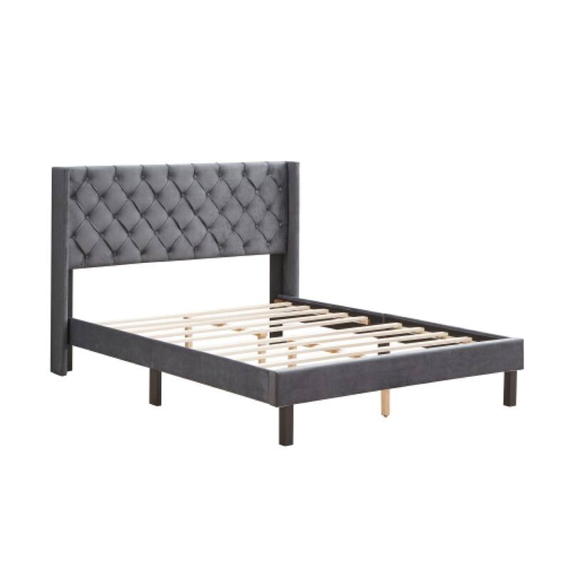 Wings Design bed frame Gray platform bed Velvet queen bed