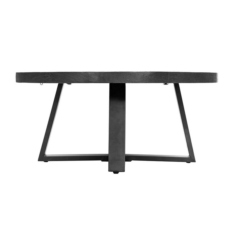 Raj 39 Inch Round Coffee Table, Cross Legs Design, Black Acacia Wood, Iron