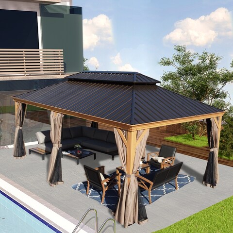 Kozyard Apollo Wood Looking 12ft x 20ft Aluminum Hardtop Gazebo with Galvanized Steel Roof and Mosquito Net