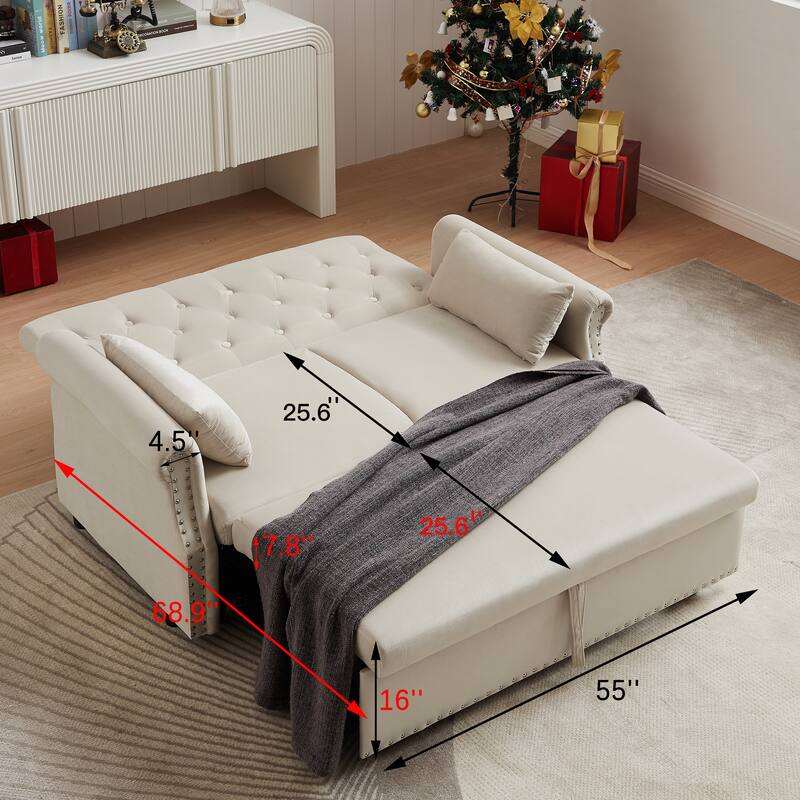 55" Velvet Convertible Pull-Out Loveseat Sleeper Sofa with 2 Pillows - Beige