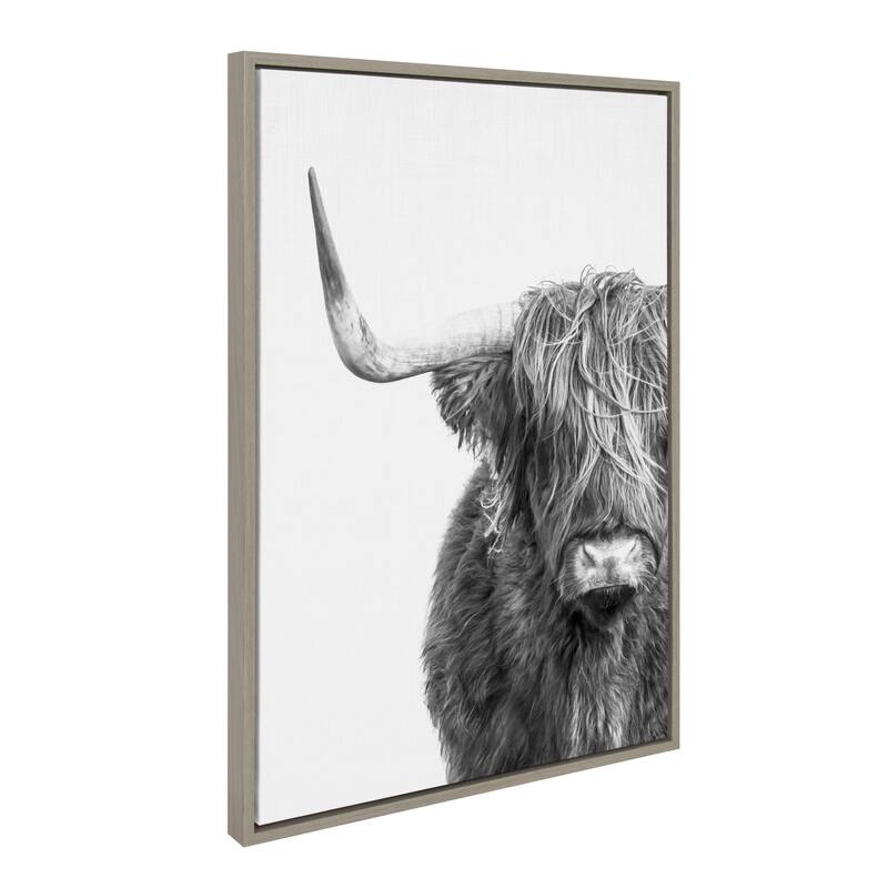 Kate and Laurel Sylvie BW Highland Cow 1 Framed Canvas by Amy Peterson - 23x33 - Grey