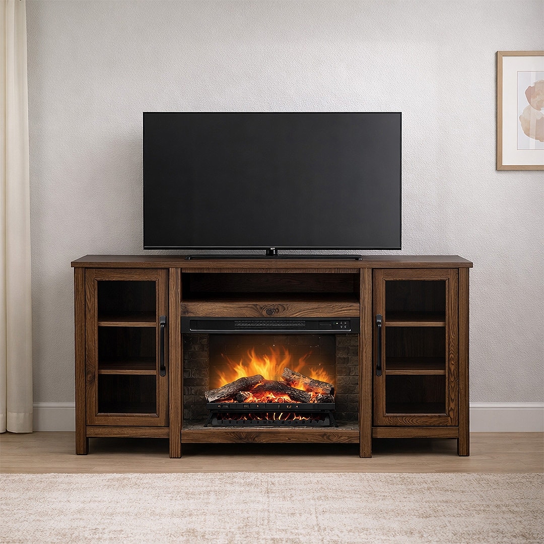 Linon Darcel Walnut Console with Electric Fireplace
