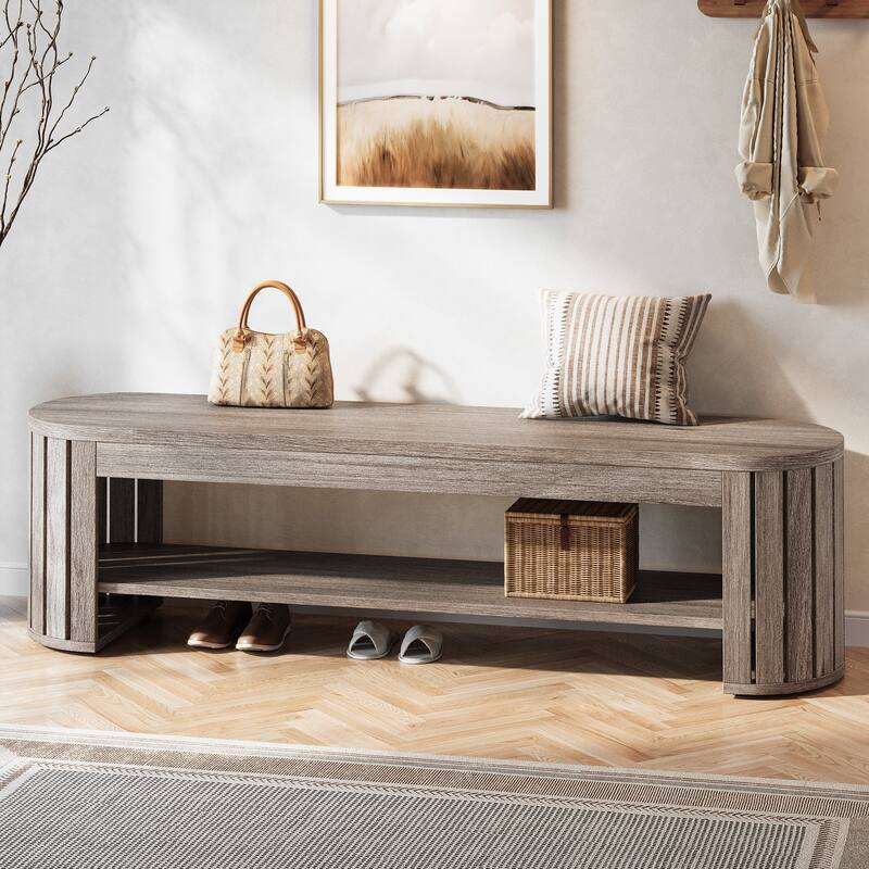 Wooden Entryway Bench, Long 2-Tier Narrow Shoe Bench