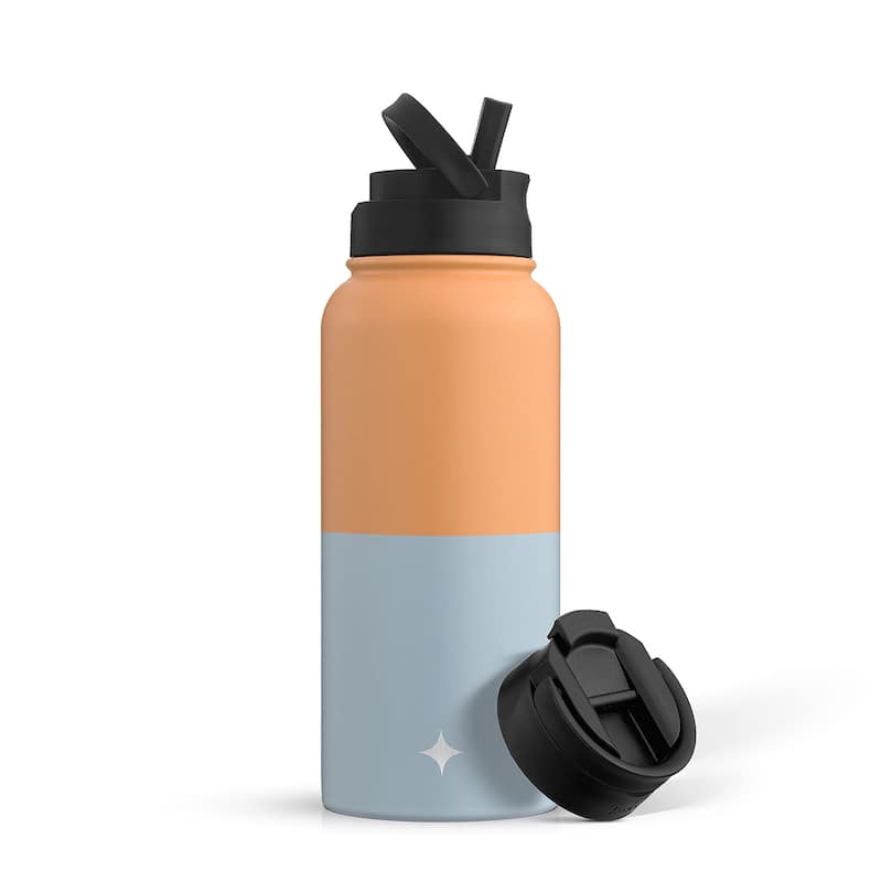 JoyJolt Vacuum Insulated Water Bottle with Flip Lid & Sport Straw Lid - 32 oz - Orange/Blue