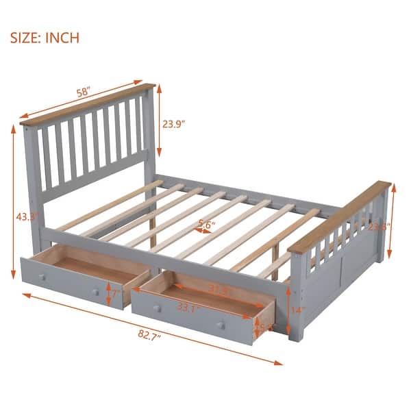 dimension image slide 1 of 2, Full Wood Platform Bed with Drawers - Classic Design with Wooden Slats