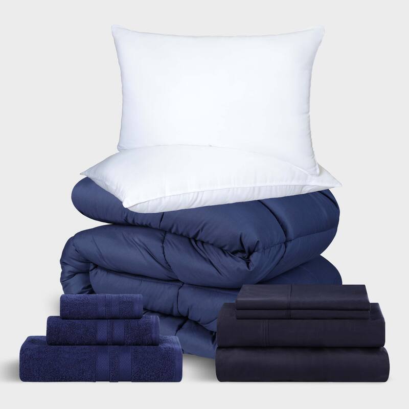 Superior Dorm In A Bag Comforter, Sheet Set, 3 Piece Towel Set and Pillows, Twin XL, Navy Blue