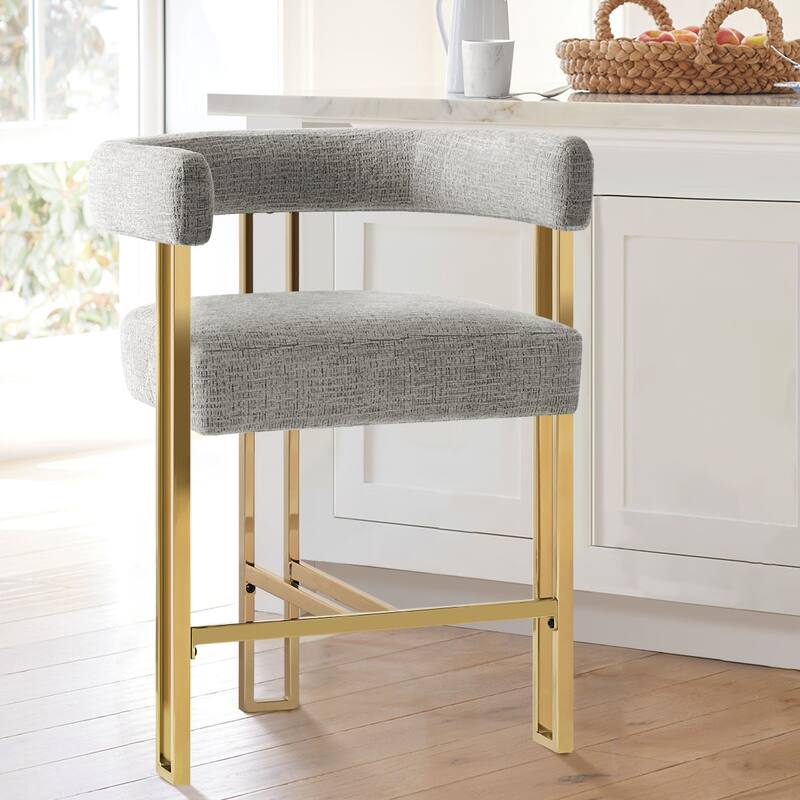 25" Seat Height Upholstered Chenille Gold Matel Counter Stool - Grey-1-piece - Single