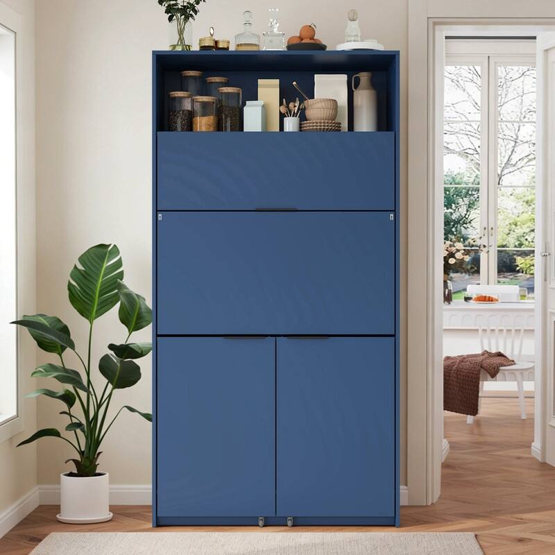 69"Tall Kitchen Pantry with Hutch, Multifunctional Storage Cabinet with Adjustable Shelf and Power Outlet - Blue