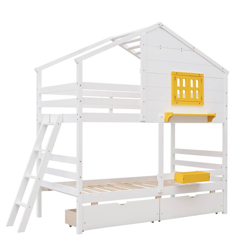 Merax Twin over Twin House Bunk Bed with 2 Drawers, 1 Storage Box, 1 Shelf