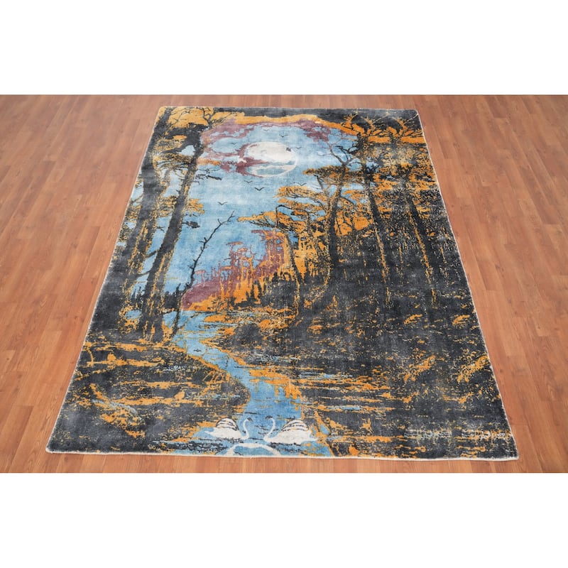 Hand Knotted Oriental Viscose Silk Carpet Modern Pictorial Navy Blue & Blues Abstract Area Rug - 7' 7'' X 5' 8''
