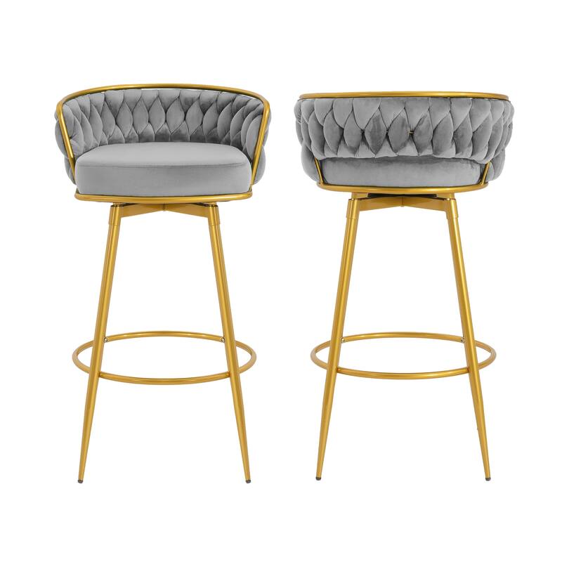 Velvet Swivel Bar Height Stools Set of 2, Counter Stools Dining Chairs with Hand-Woven Backrest & Footrest