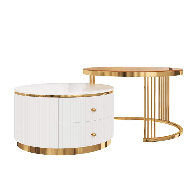 Modern 2 Pieces Round Nesting Coffee Table with Drawers and Brown Tempered Glass Top in 27.6"