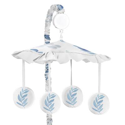 Floral Leaf Collection Boy Girl Musical Crib Mobile - Blue Grey White Boho Watercolor Botanical Flower Woodland Tropical Garden