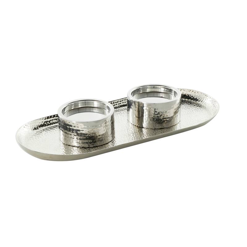Gold or Silver Stainless Steel Metal Hammered Candle Holder with Oval Tray Plate