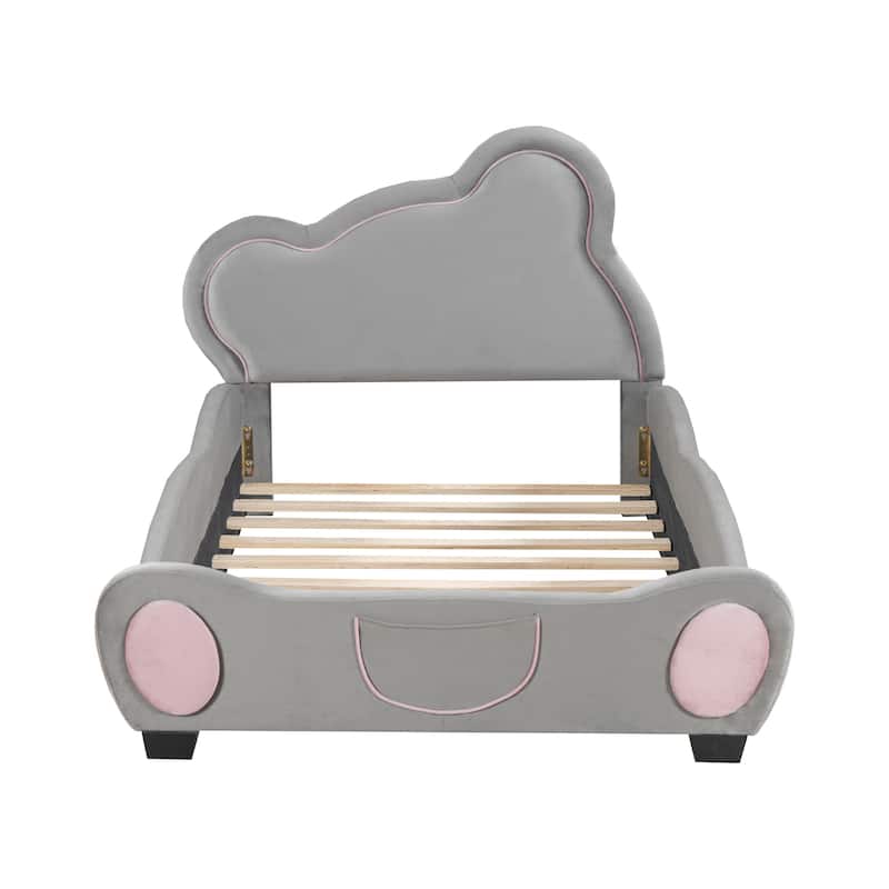 Twin Size Velvet Bed with Bear-Shaped Headboard and Storage Pocket