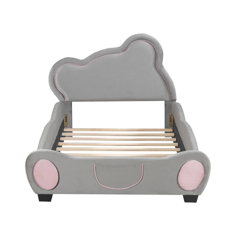 Twin Size Velvet Platform Bed with Bear Headboard and Storage Pocket