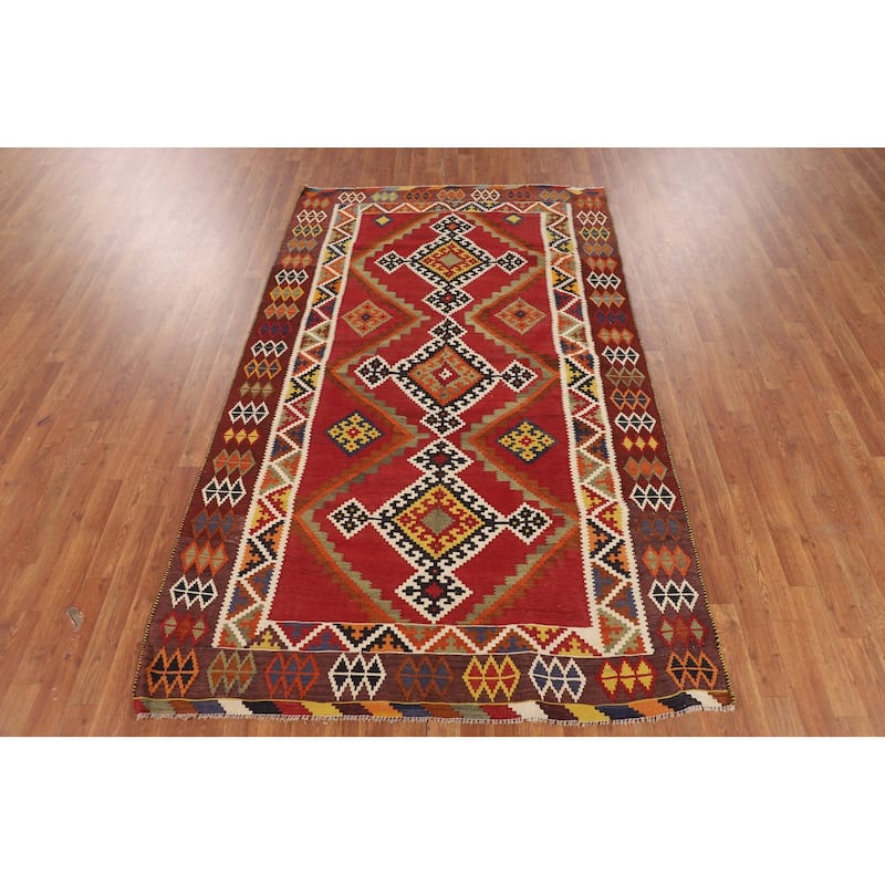 Kilim Qashqai Persian Vintage Rug Flatweave Oriental Red Wool Carpet - 5'0"x 8'2"
