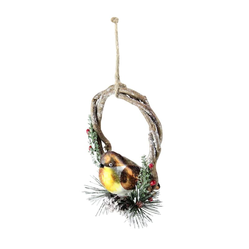 4" Brown Bird Sitting in a Twig Wreath Christmas Ornament