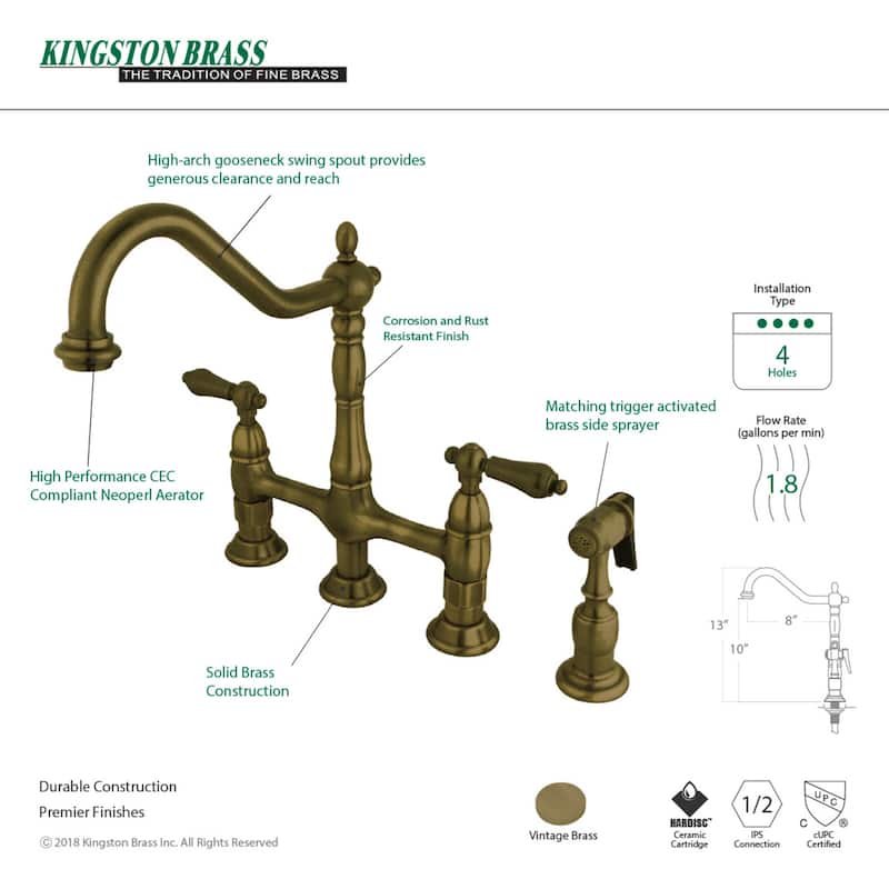 Kingston Brass Heritage Bridge Kitchen Faucet with Brass Sprayer
