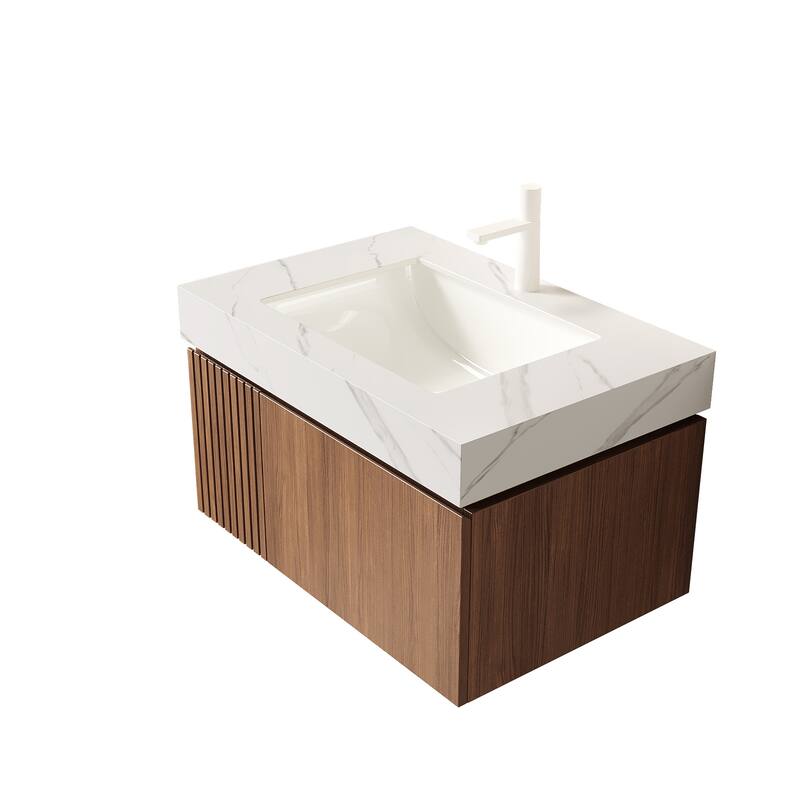 30" Bathroom Vanity & Sink, Floating Plywood Storage Cabinet with Drawer & Door, Sintered Stone Top & Ceramic Basin