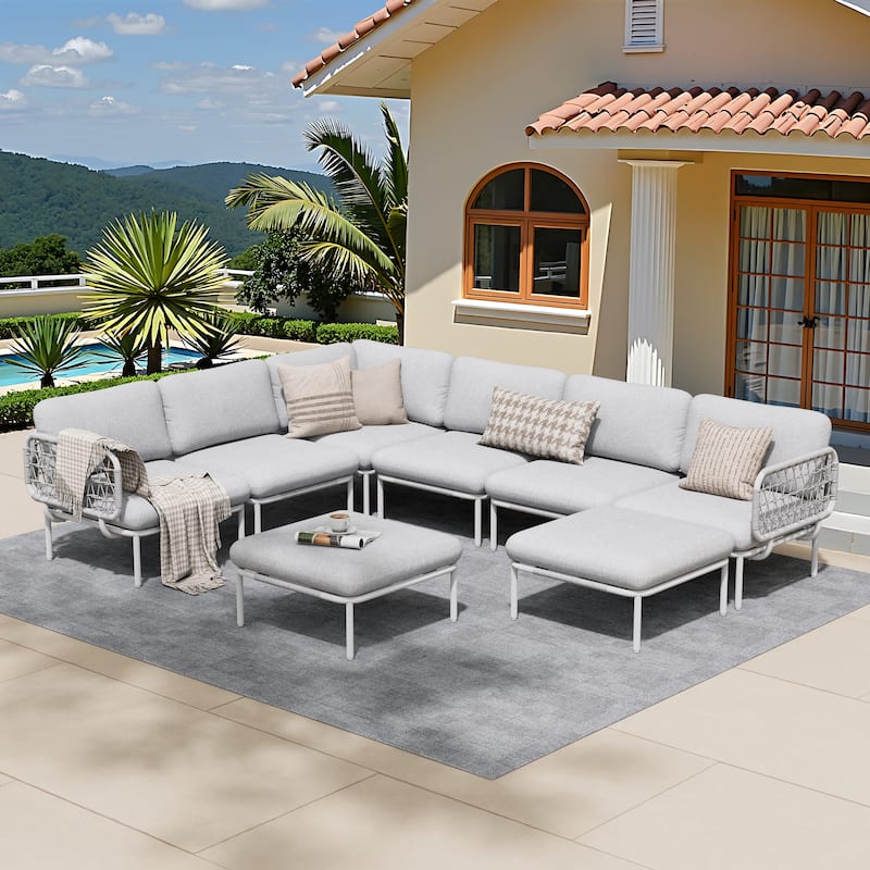 Pellebant Outdoor Patio Aluminum PE Rattan Sectional Sofa Conversation Seating Set with Cushions