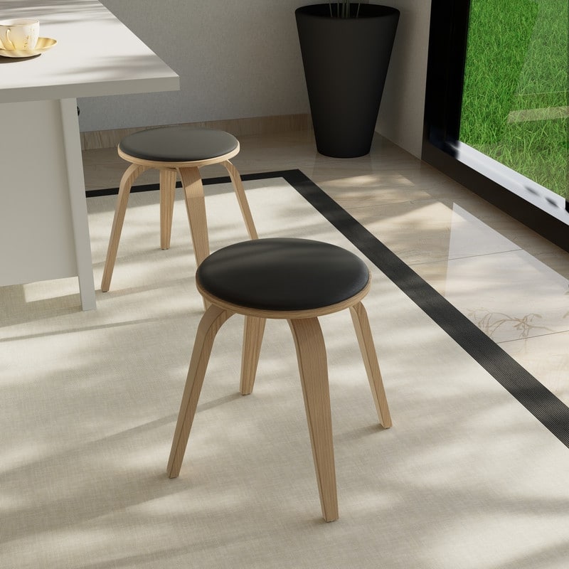 Pelya Minimalist Modern Round Counter Stool with Leather Seat & Poplar Wood Frame 360° Swivel Kitchen Bar Stool