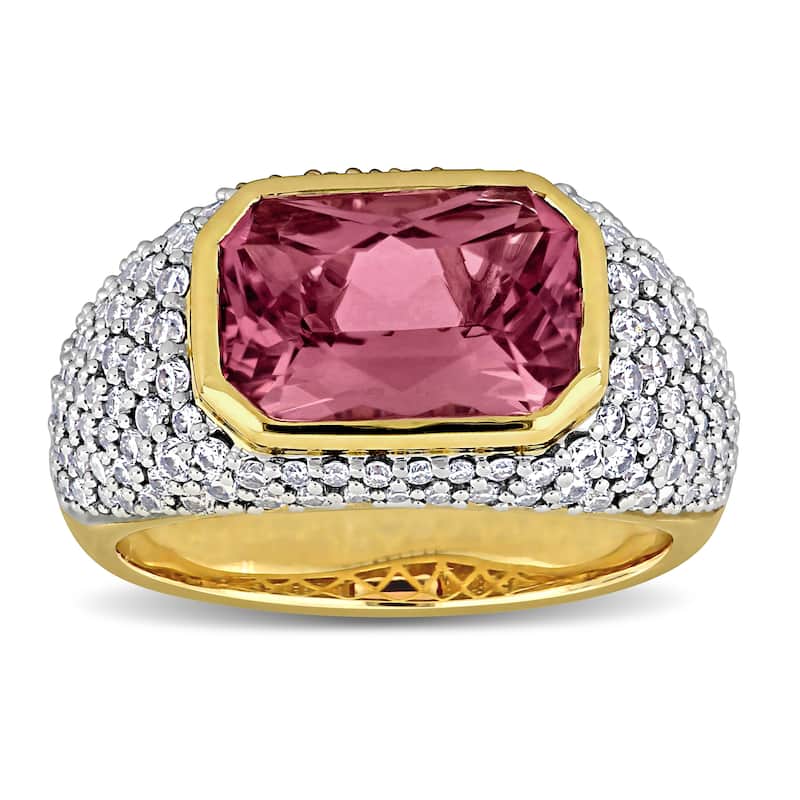 Miadora 3 5/8ct TGW Octagon-Cut Pink Tourmaline 1 1/3ct TDW Diamond Signet Ring in 14k Yellow Gold