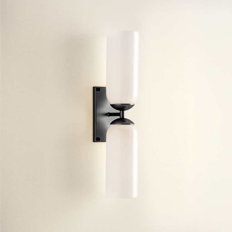Glass Double Wall Sconce - Metal, Glass Matte Black, Ivory 2-Light Sconce for Bathroom or Entryway in Modern, Mid-Century Style - Matte Black
