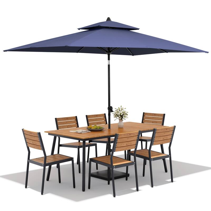 9 PC Outdoor Patio Dining Set Wood-Like Aluminum Umbrella Hole Table with Stackable Chairs,Double Top Market Umbrella and Base