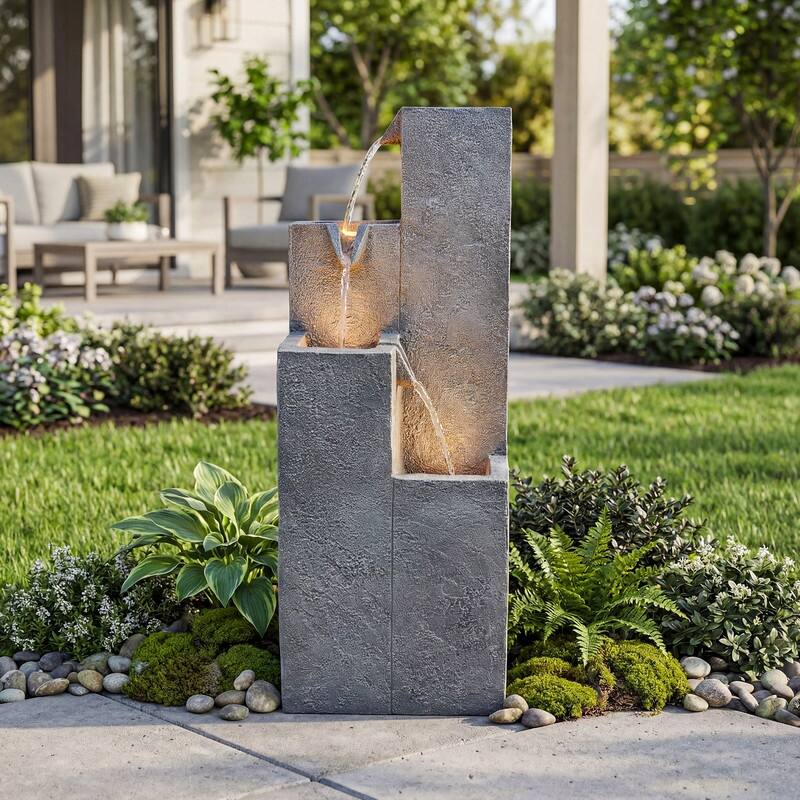 Vbal Modern Minimalist 4-Tier Outdoor Flowing Geometric Floor Fountain with 3 Warm LED Lights