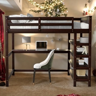 Full Size Loft Bed With Storage Shelves And Under-bed Desk for Home