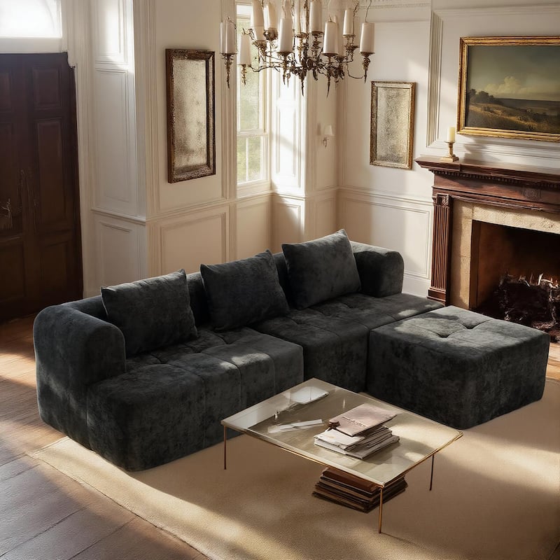 Chenille L Shaped Couch Boneless Couches for living room Tufted Sectional with Ottoman Modern Cloud Sofa - Black