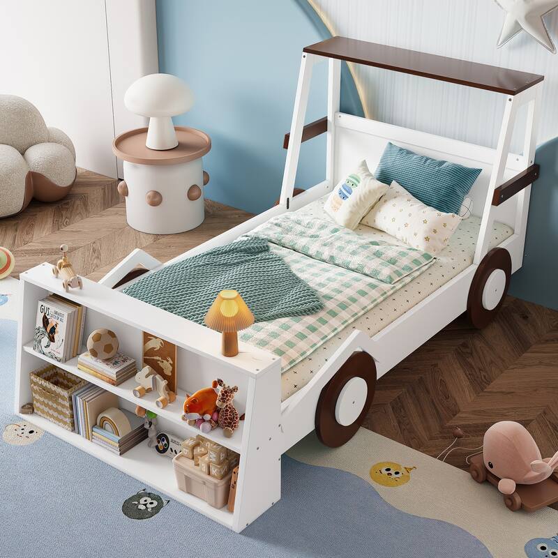 Roomfitters Twin Car Bed with Front Storage Shelf, Kids Platform Frame
